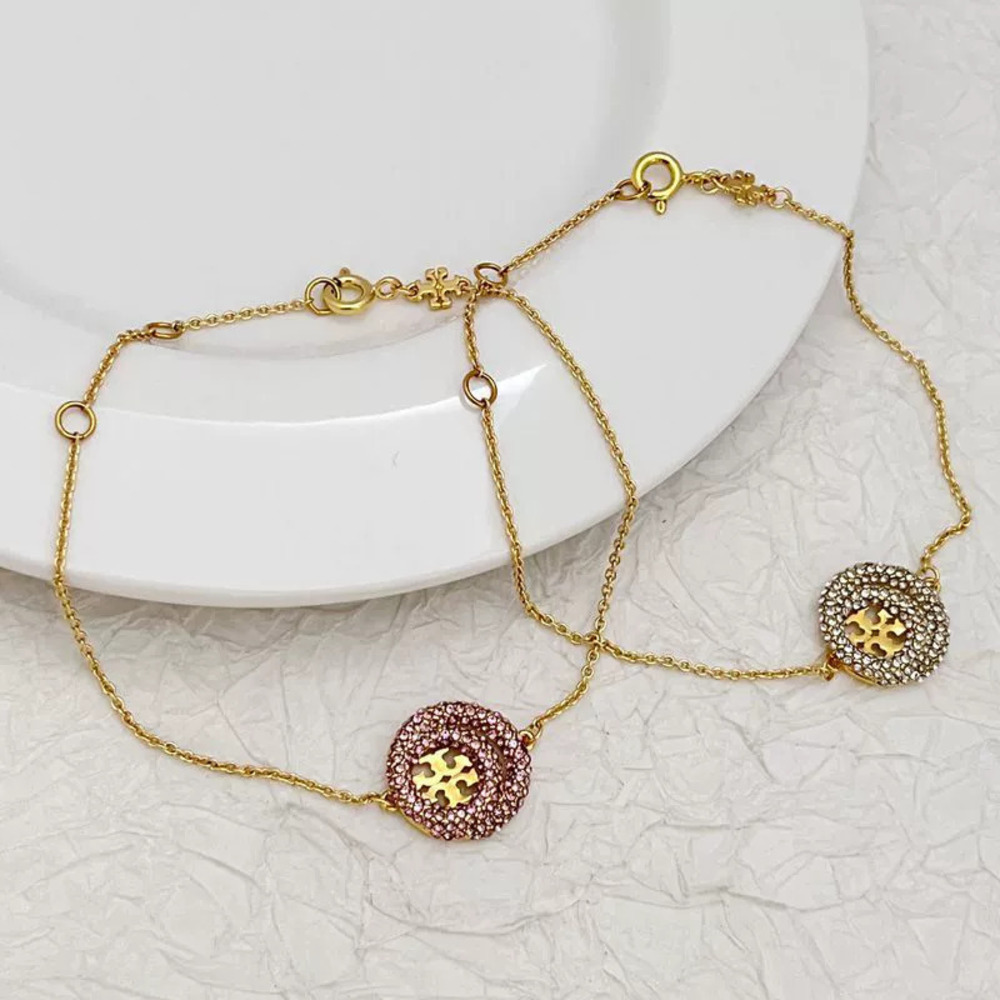 Tory Burch Gold Plated Copper Double Chain Bracelet Letter Pave Diamonds